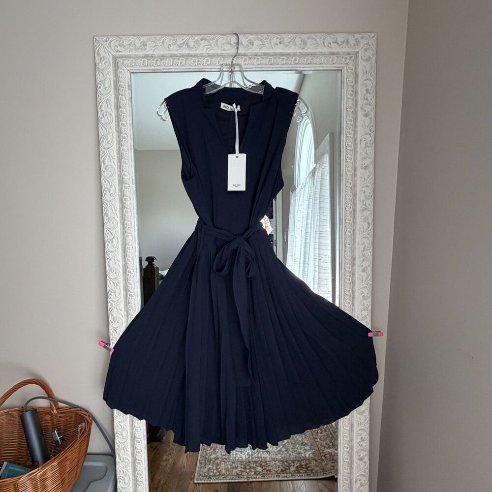 NWT Navy Pleated Midi Dress Belted Sleeveless Wedding Guest XL